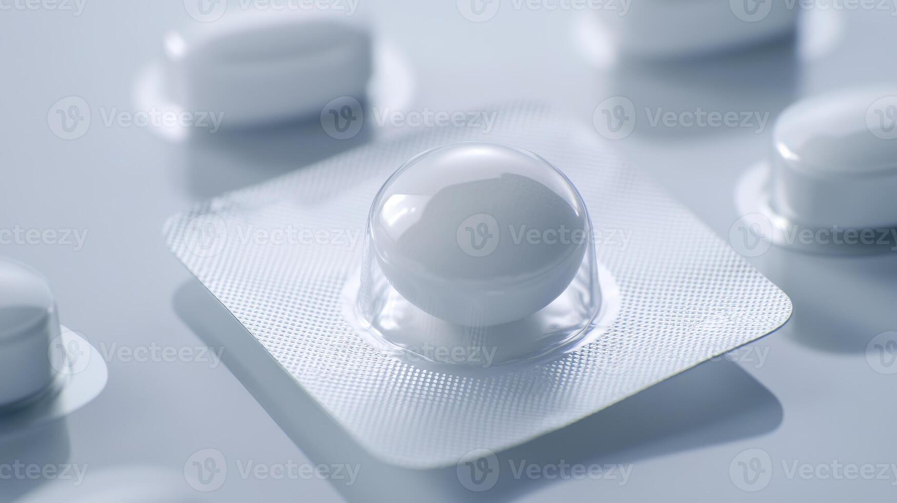 Close-Up View of White Pills on Blister Pack During Pharmacy Display in Bright Light photo