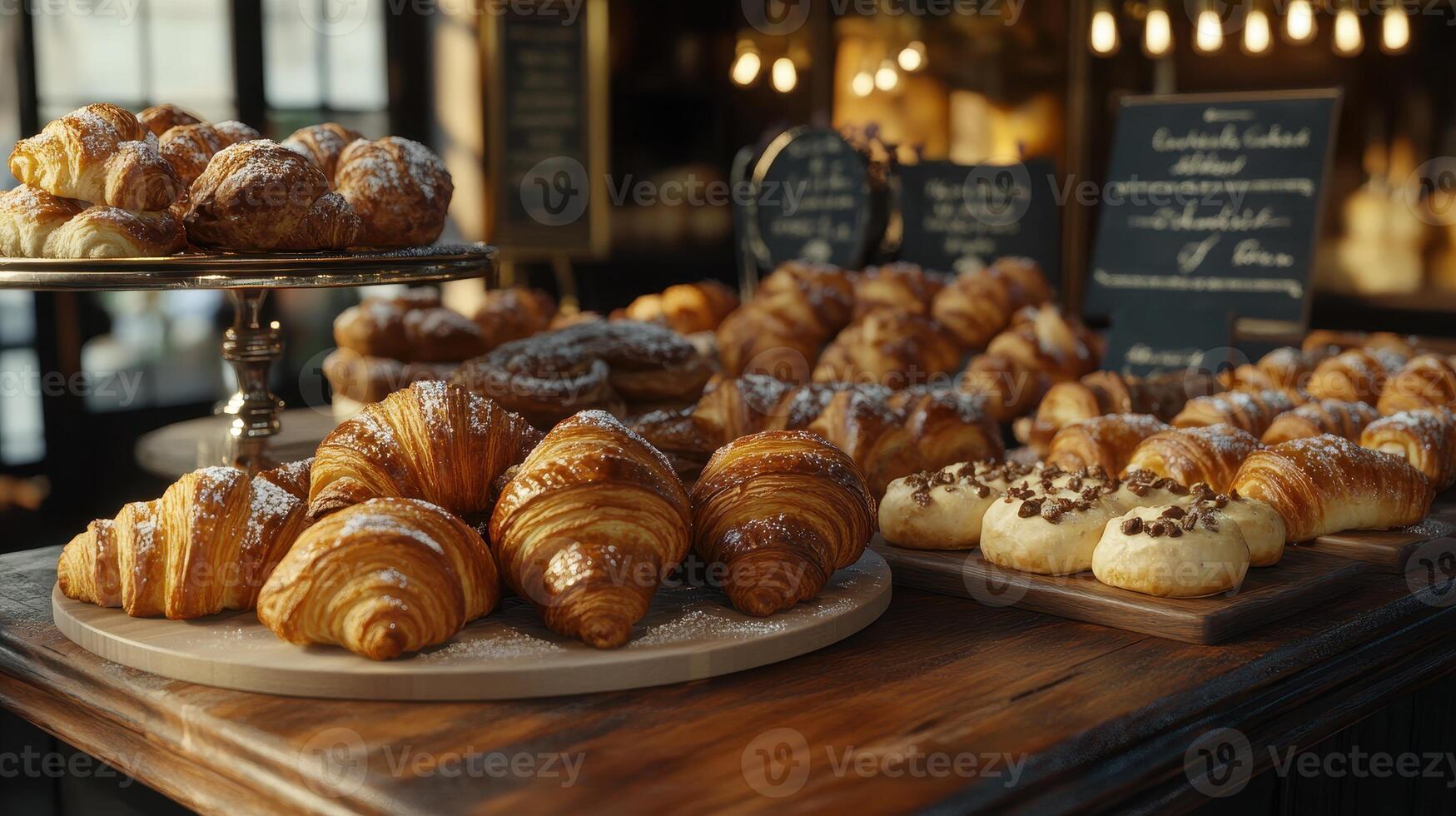 Delicious Assortment of Freshly Baked Pastries Displayed on Rustic Wooden Counter photo