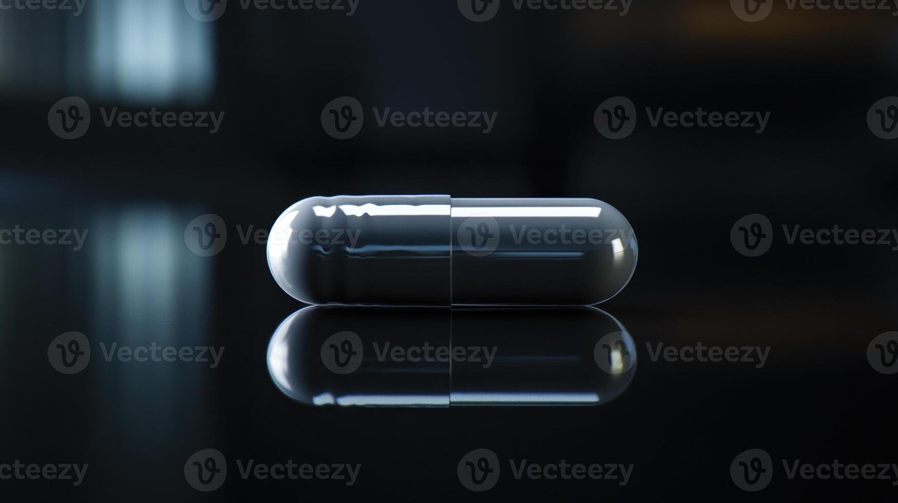 Close-Up Of A Glossy Capsule On A Reflective Surface In A Dimly Lit Setting photo