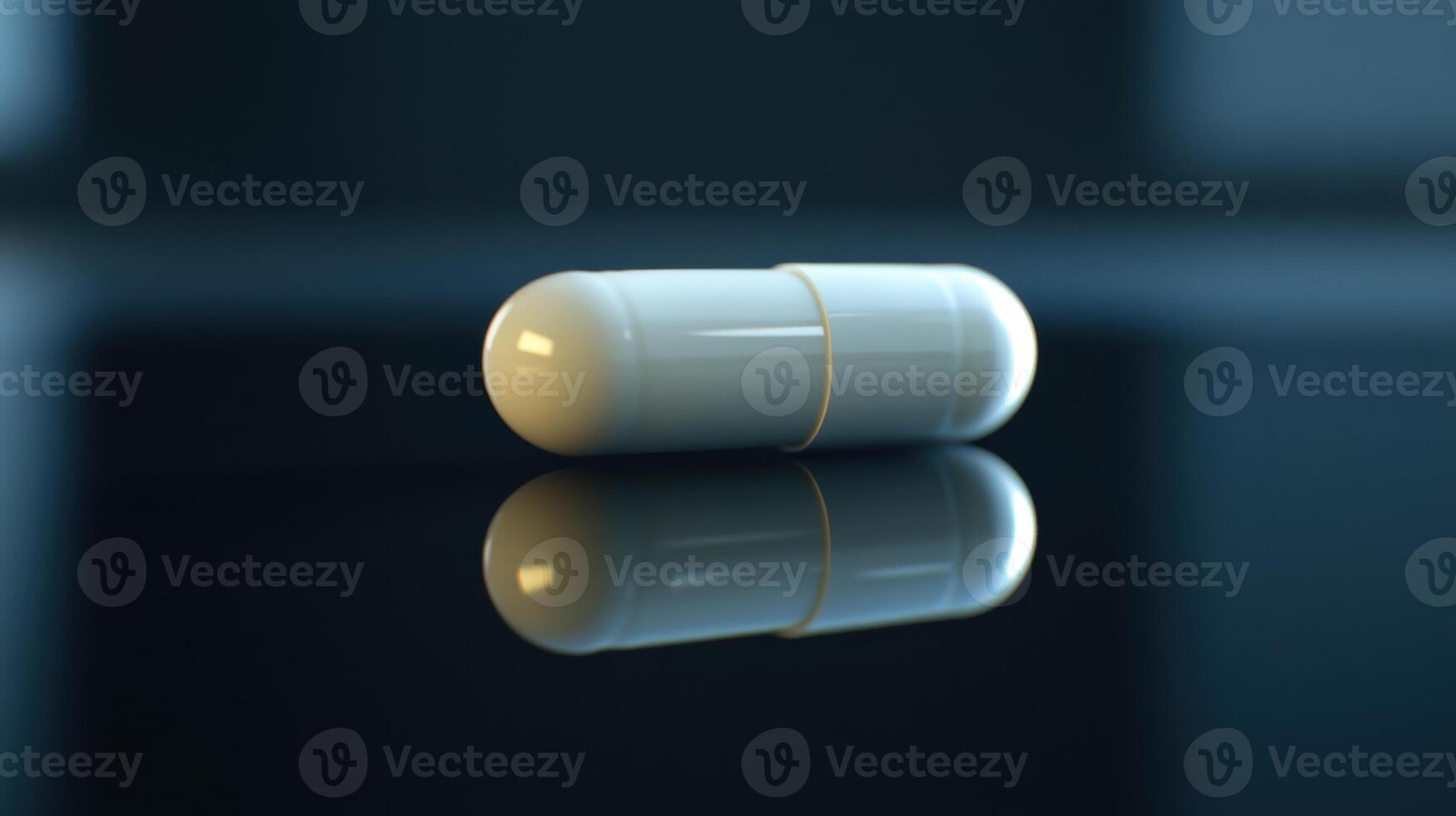 White Capsule Resting on a Glossy Surface in Dim Lighting Captured From a Close Angle photo