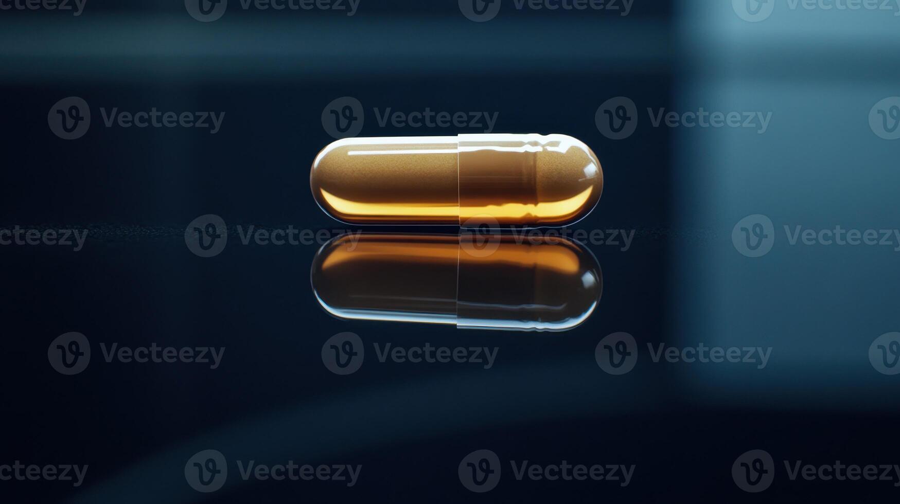 Single Amber Gel Capsule Reflecting On Black Surface In A Dimly Lit Room During Late Evening Hours photo