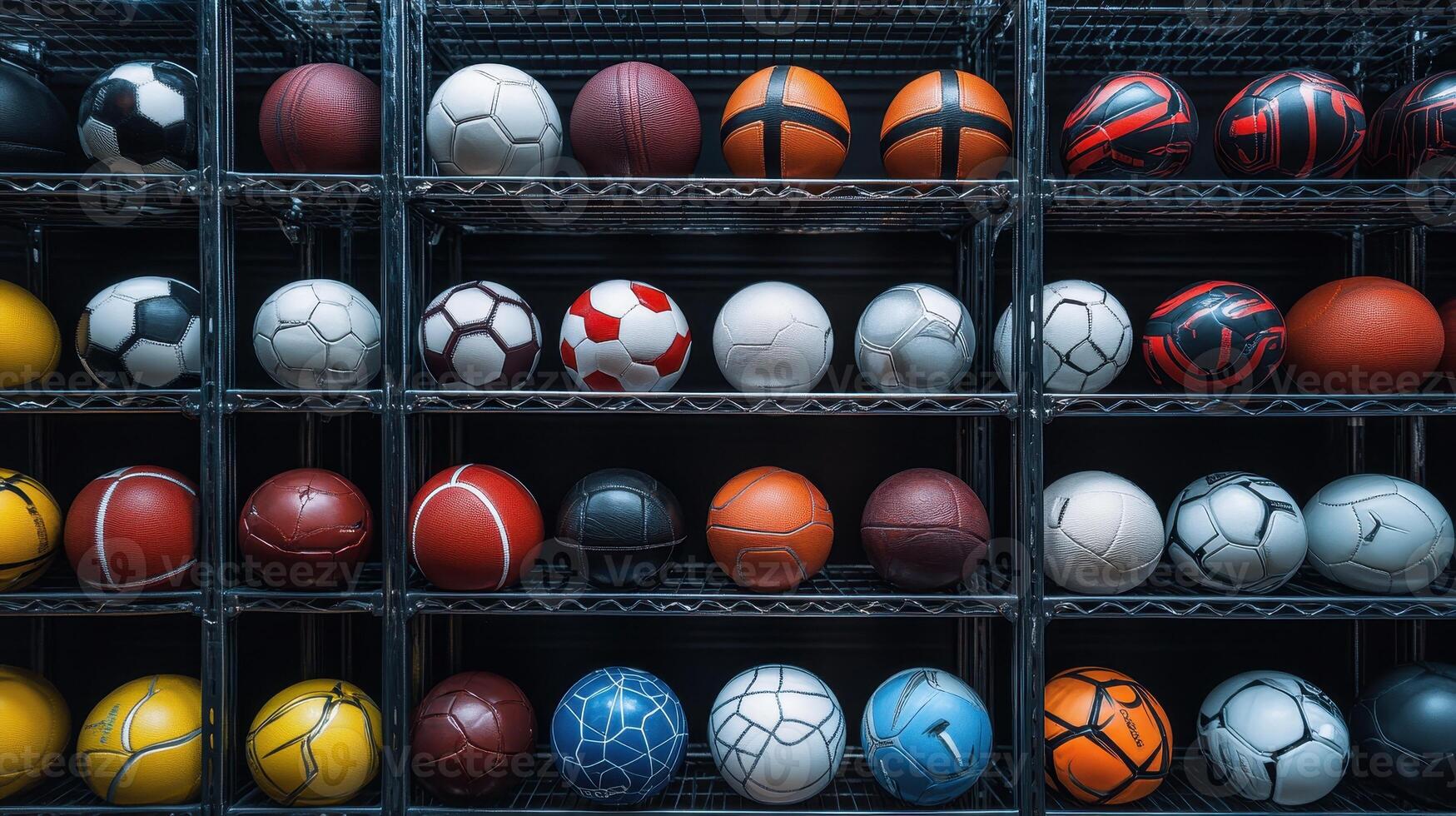 A Colorful Collection of Various Sports Balls Organized on Shelves in a Storage Room photo