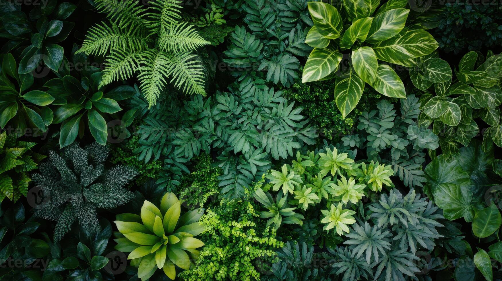 Lush Green Indoor Plants Displayed Overhead in a Natural Setting With Varied Leaf Textures and Shades photo
