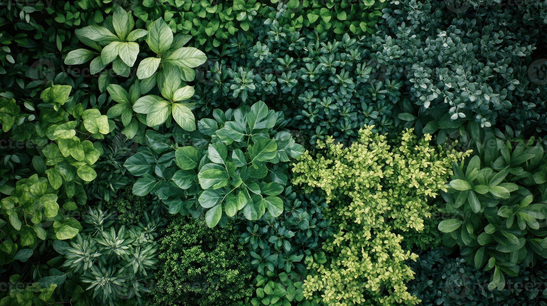Lush Green Plant Variety Overhead View Showcasing Diverse Foliage Textures and Shades in a Natural Setting During Daylight Hours photo