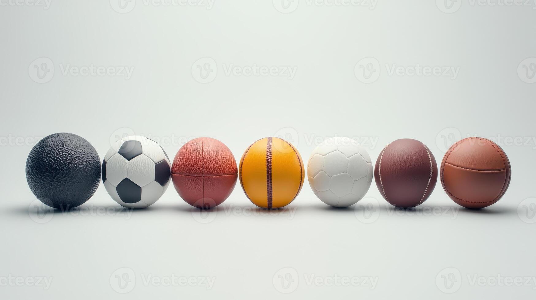 Collection of Various Sports Balls Lined Up in a Row on a Light Background photo