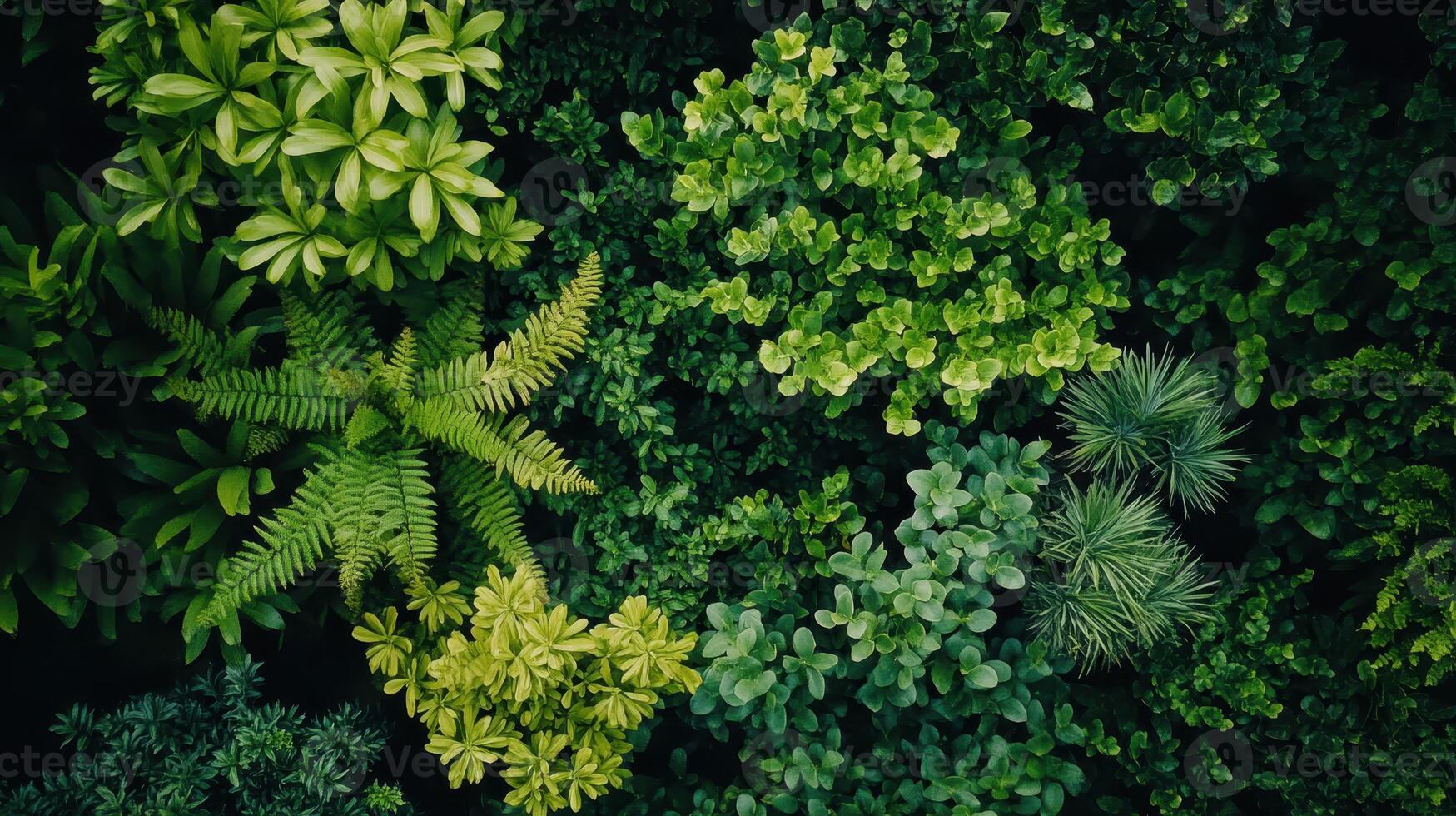 Aerial View of Lush Green Plants and Foliage in a Dense Tropical Garden During Early Morning Light photo