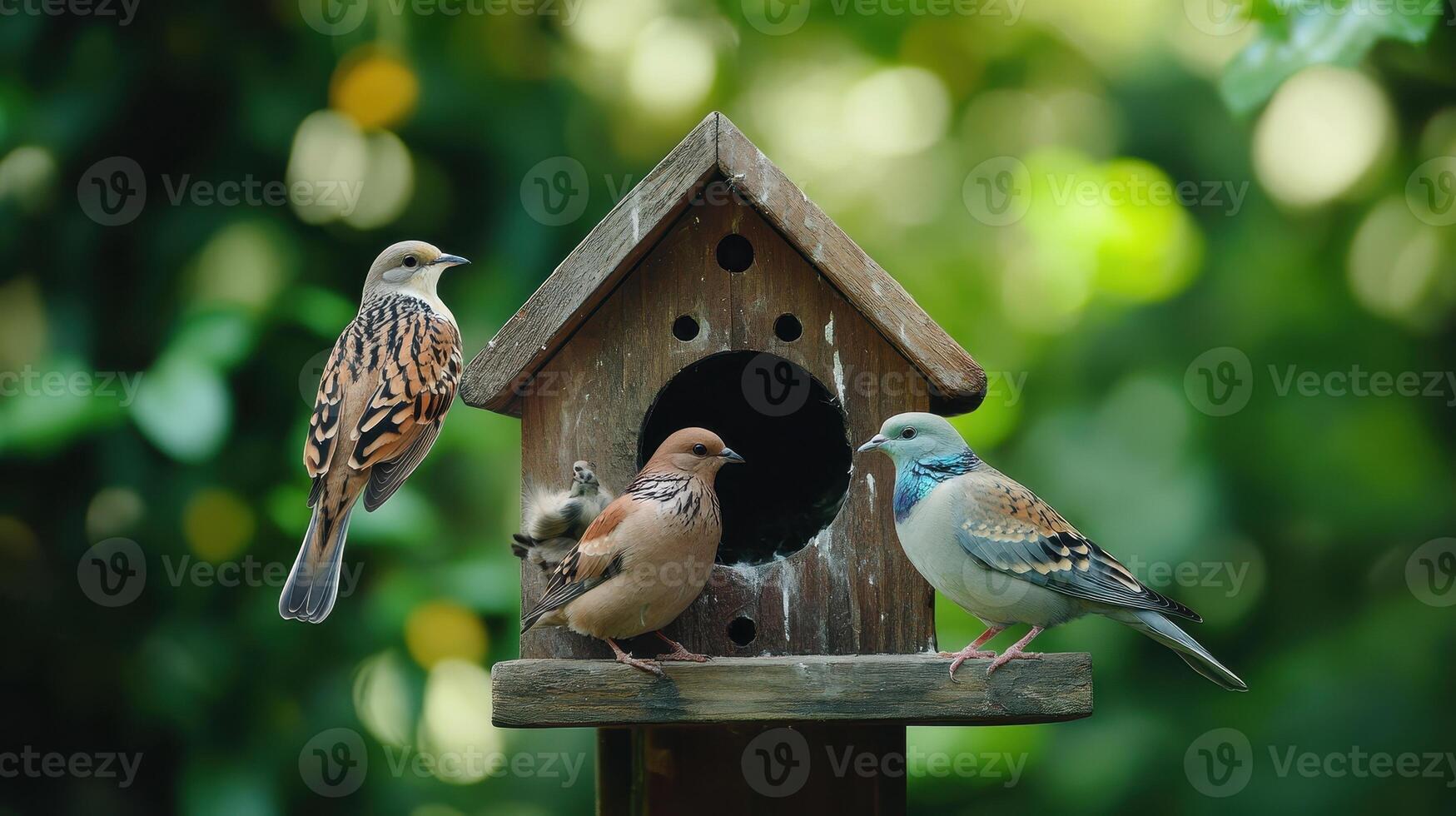 Colorful Birds Gathering Around Rustic Birdhouse in Lush Green Garden During Sunny Afternoon photo
