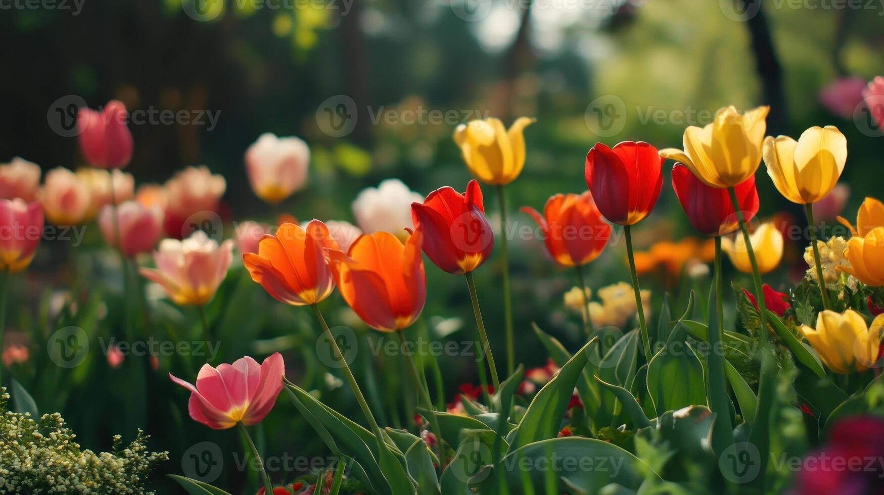 Vibrant Tulip Garden in Full Bloom During Springtime Afternoon Sunshine photo