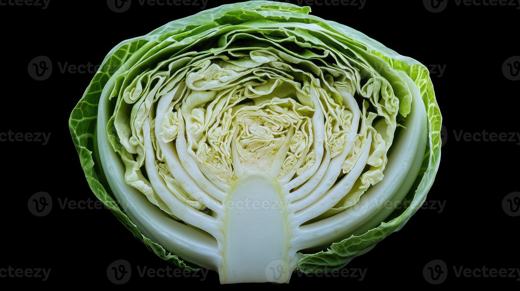 Freshly Cut Green Cabbage Halved to Reveal Intricate Layers Inside Against Black Background photo