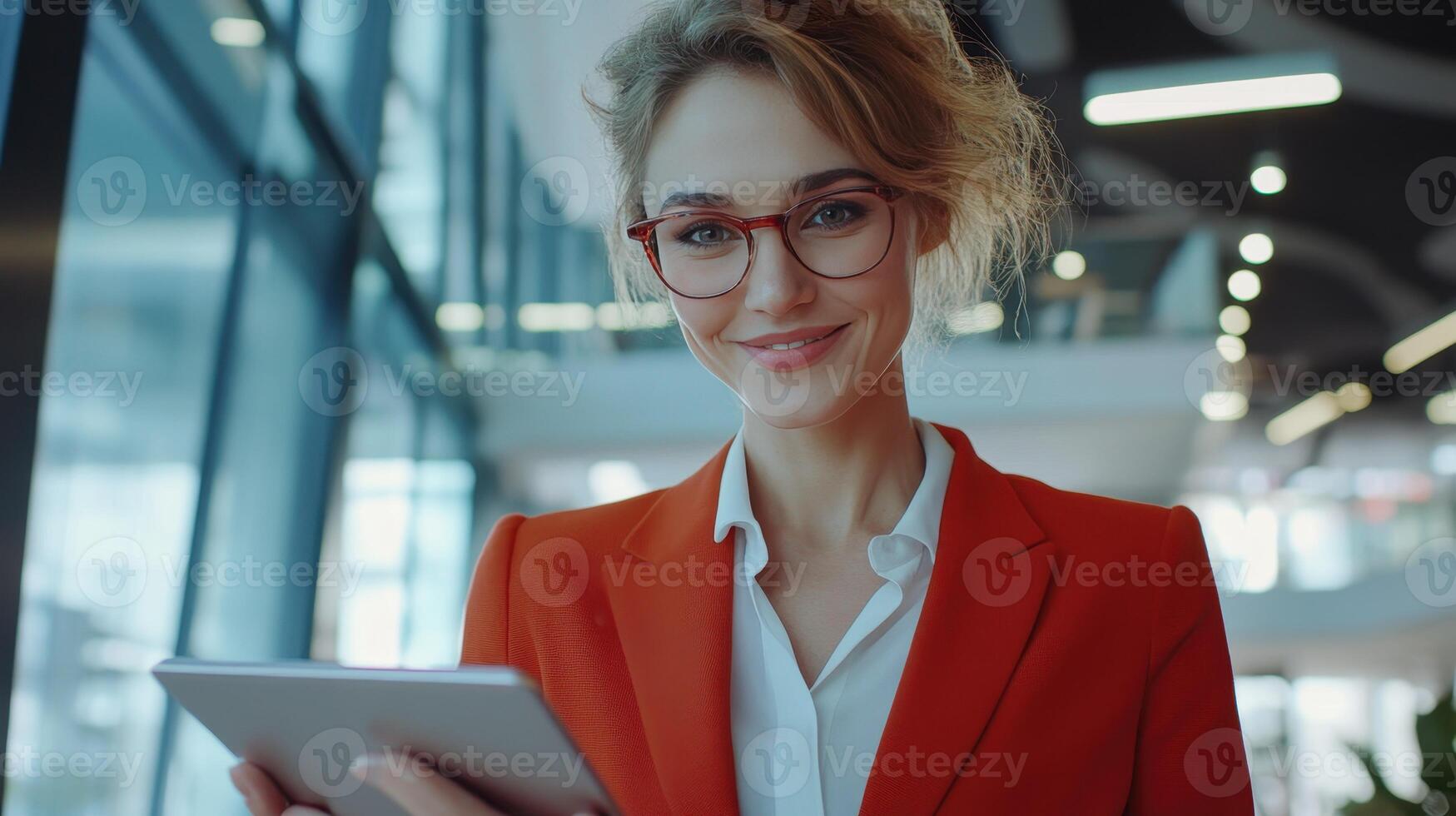 Professional Female in Red Suit Smiling While Using Tablet in Modern Office Environment photo
