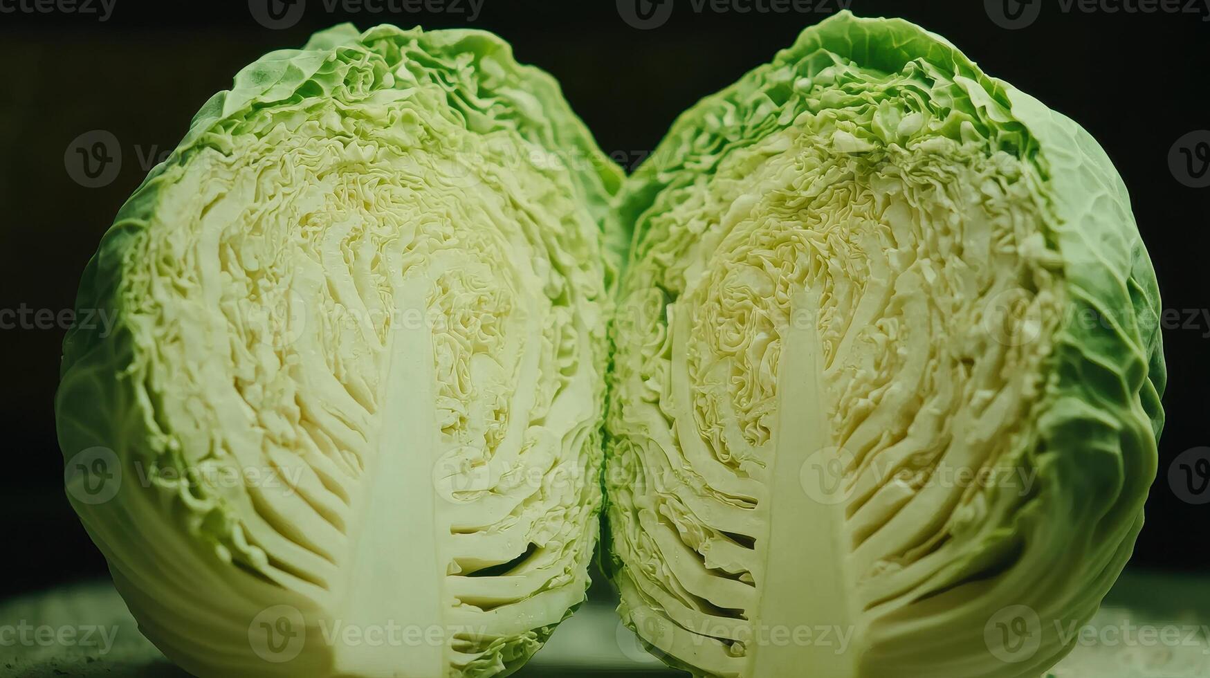 Freshly Cut Green Cabbage Halves Displaying Intricate Leaf Structure on Dark Background photo