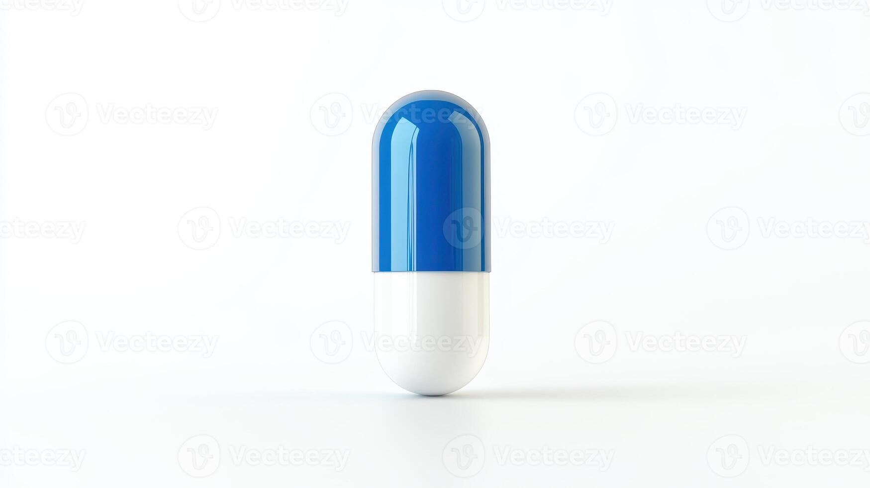 Bright Blue and White Capsule Standing Upright on Smooth White Surface in Well-Lit Setting photo
