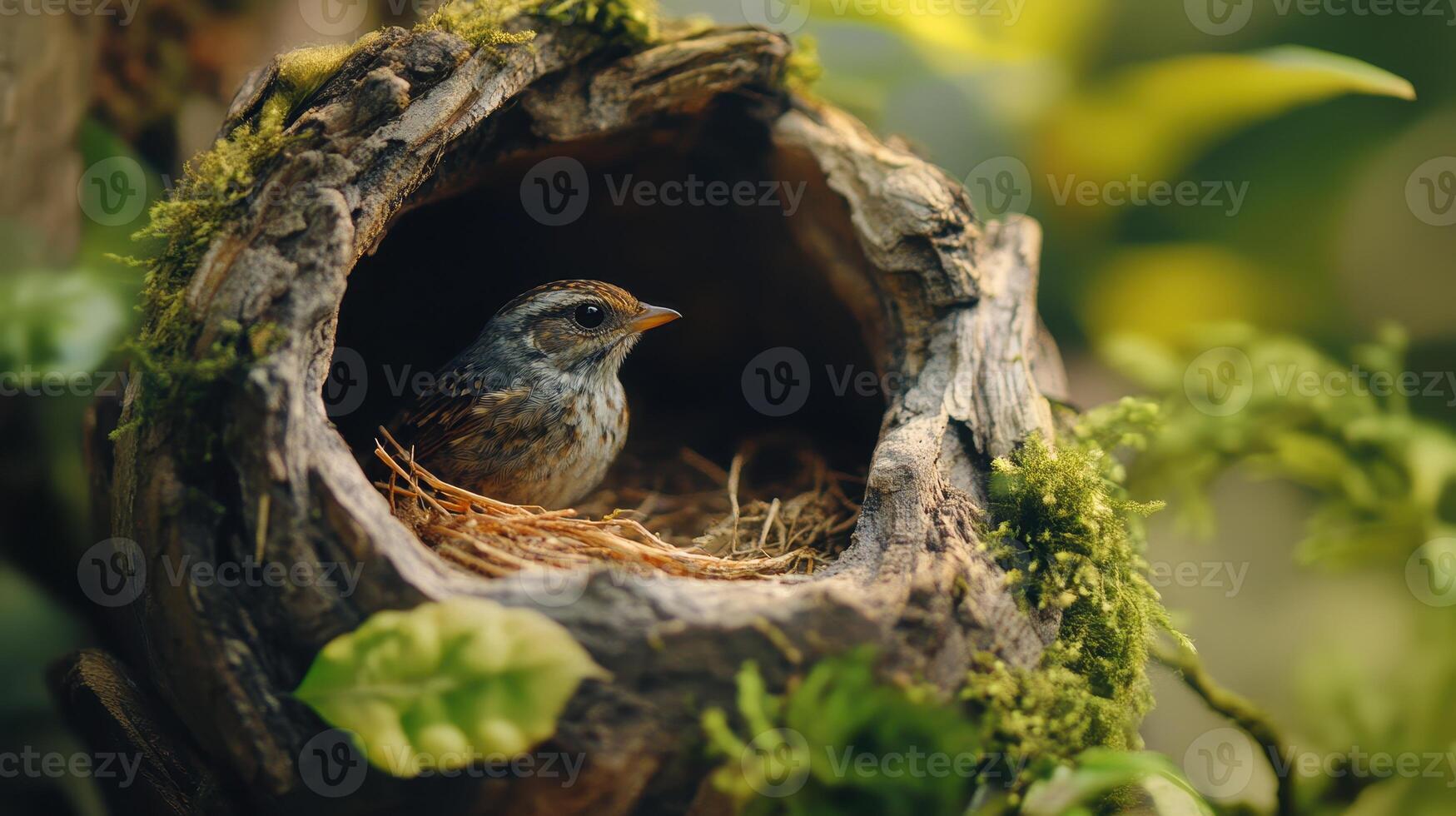Small Brown Bird Sitting Peacefully in Its Nest Within a Hollowed Tree Trunk Surrounded by Vibrant Green Foliage in a Tranquil Forest Setting photo