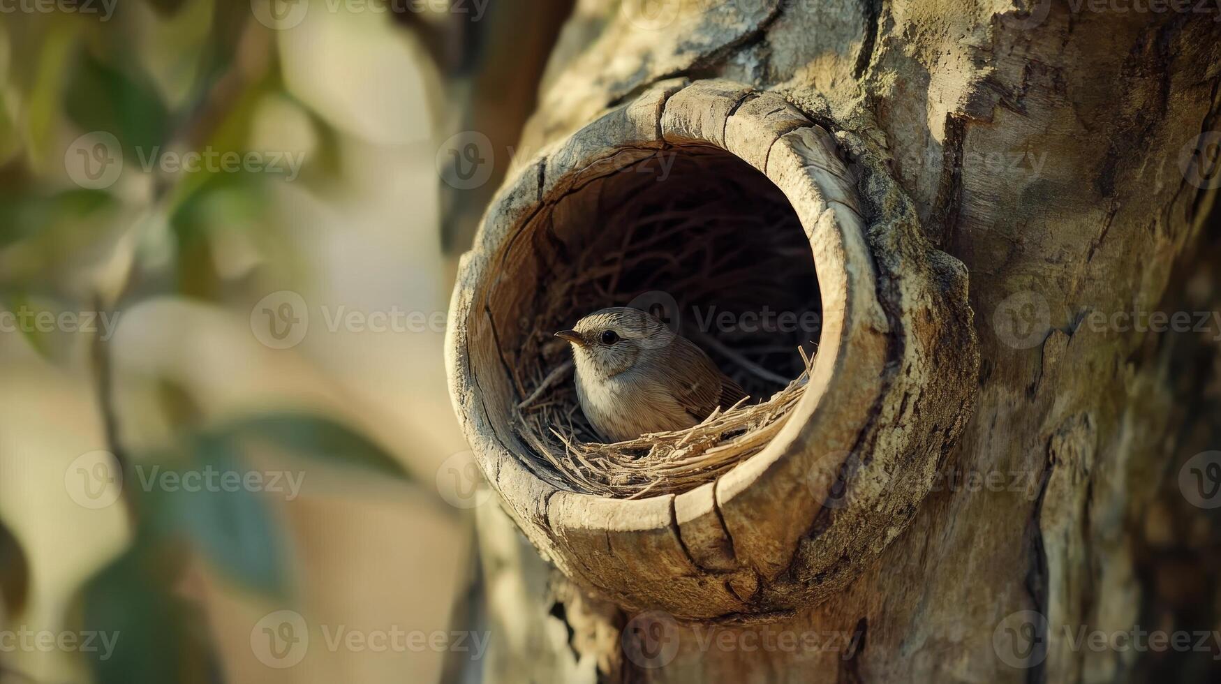A Small Bird Nestled Comfortably in a Natural Tree Hollow During Early Morning Light photo
