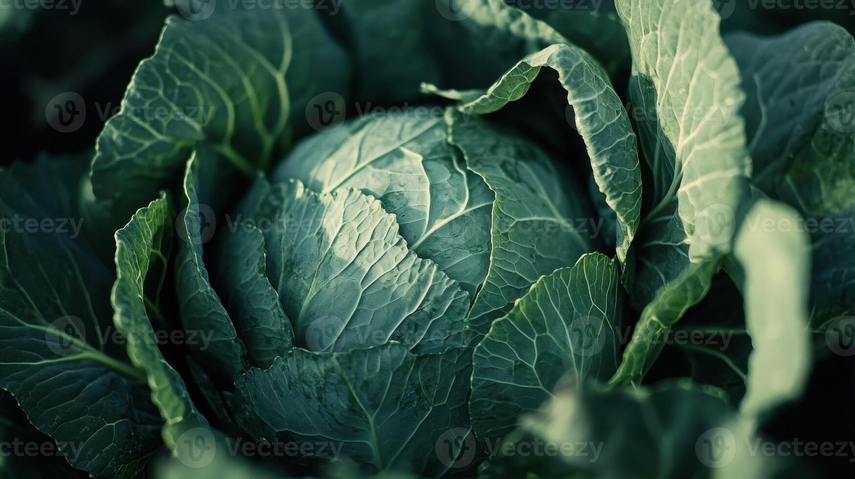 Fresh Green Cabbage Growing in a Vibrant Vegetable Garden During the Early Morning Light photo