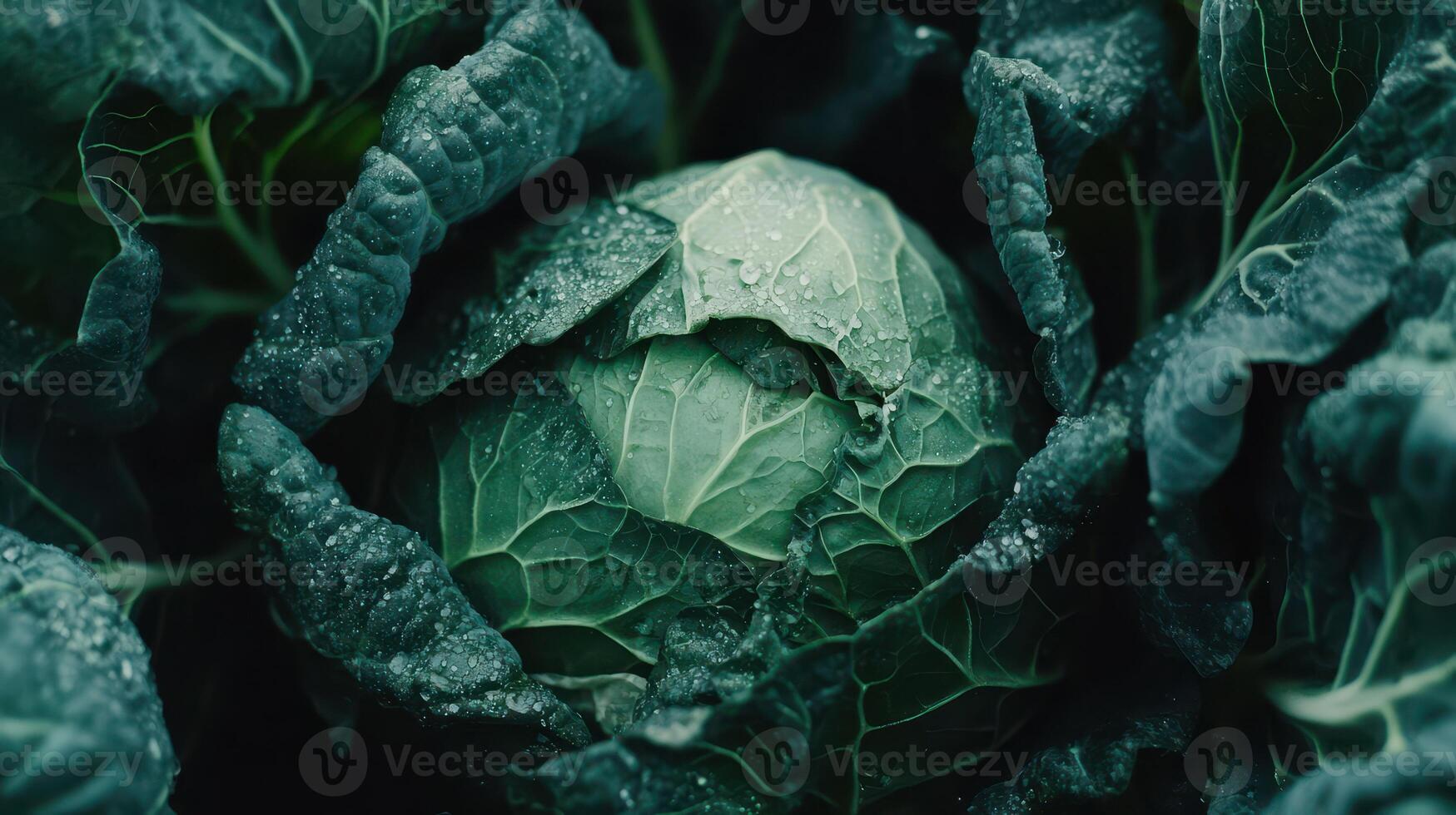 Freshly Harvested Green Cabbage Surrounded by Lush Leaves in a Garden Setting During Early Morning photo