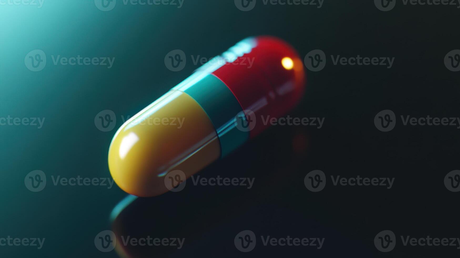 Close-Up View of a Red and Yellow Capsule on a Reflective Surface at Night photo