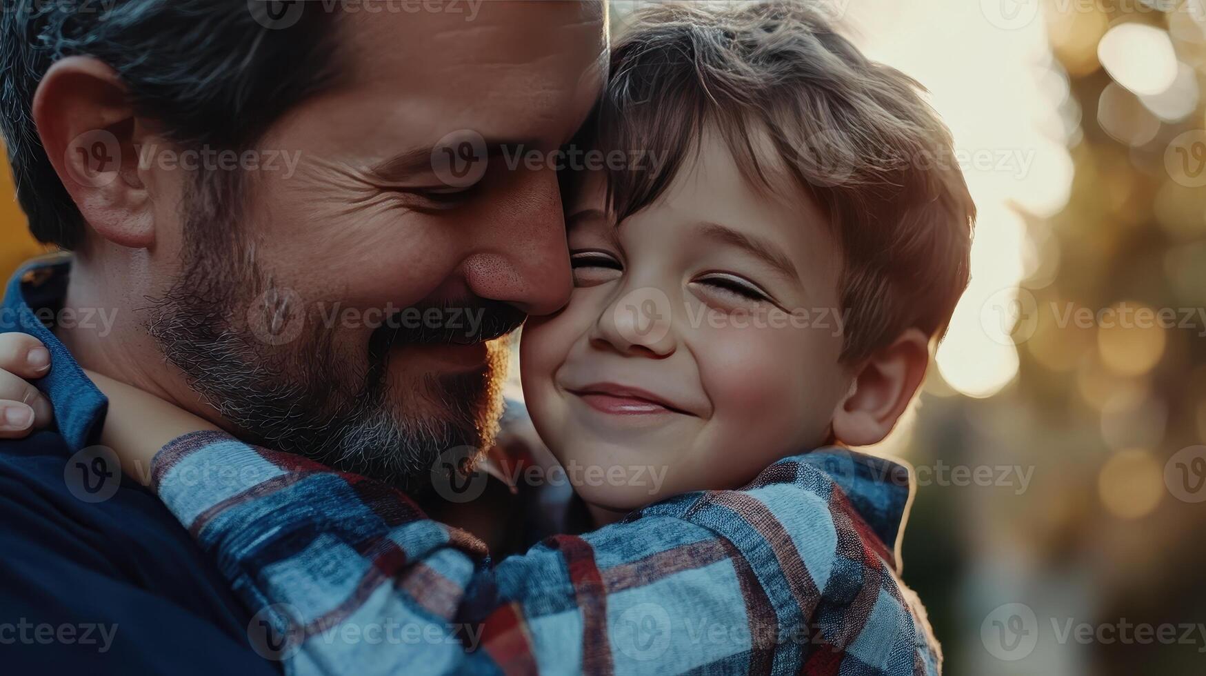 Joyful Father and Son Embrace in Warm Autumn Light at Park photo