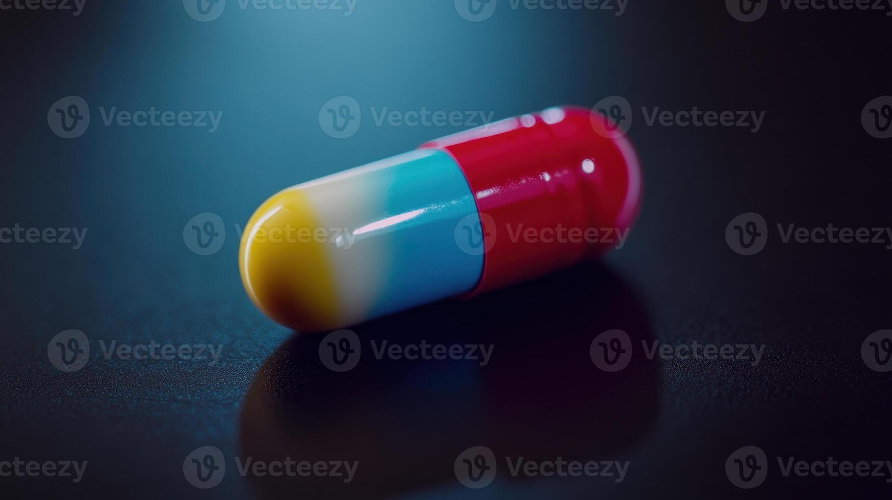 Vibrant Capsule Resting on Dark Surface Captured in Dramatic Lighting During Evening Hours photo