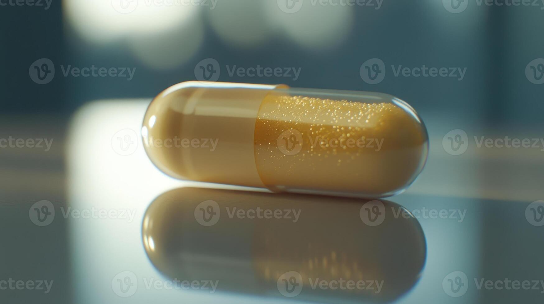 Close-Up View of a Gelatin Capsule on a Reflective Surface in a Clinical Environment photo
