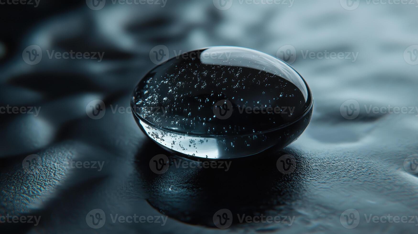 Close-Up Of A Black Droplet Resting On A Smooth Surface In Soft Natural Light photo
