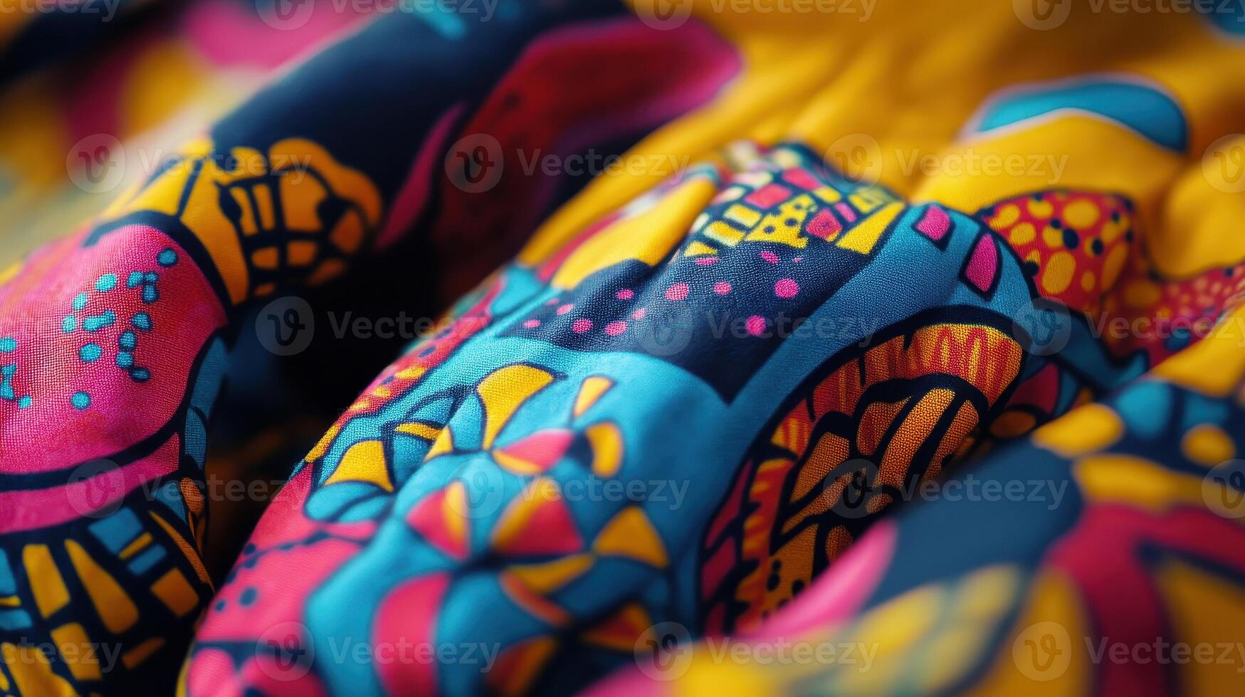 Vibrant Close-Up of Colorful Fabric Pattern Showcasing Intricate Designs and Textures in Natural Light photo