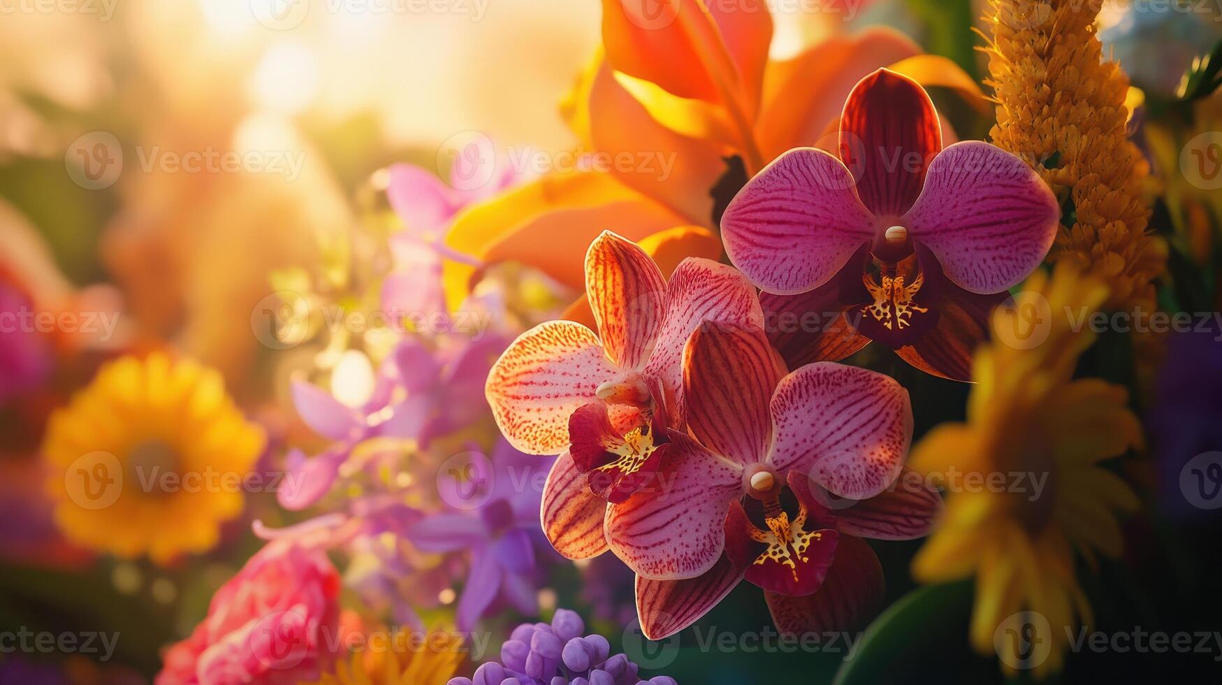 Vibrant Display of Colorful Flowers in Bloom With Sunlight Glowing in Background photo