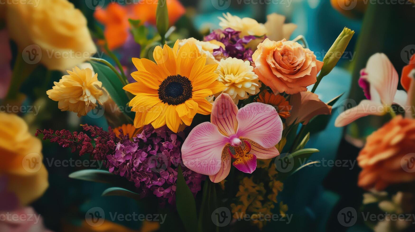 Vibrant Arrangement of Fresh Flowers Featuring Sunflowers, Roses, and Orchids at a Local Market in Autumn photo