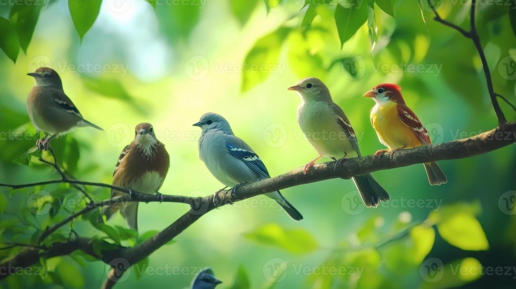 A Colorful Array of Birds Perched on a Branch Surrounded by Lush Green Foliage in a Serene Natural Setting photo