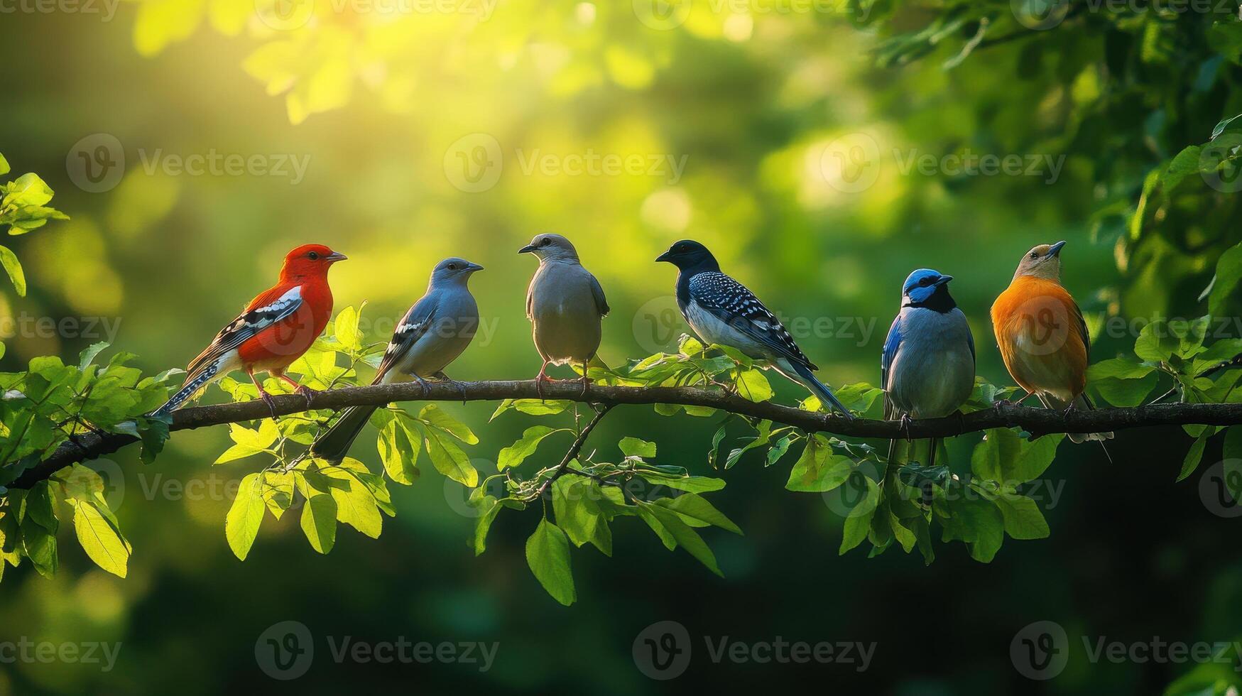 Colorful Birds Perched on Branches Surrounded by Lush Greenery During a Golden Hour in Nature photo