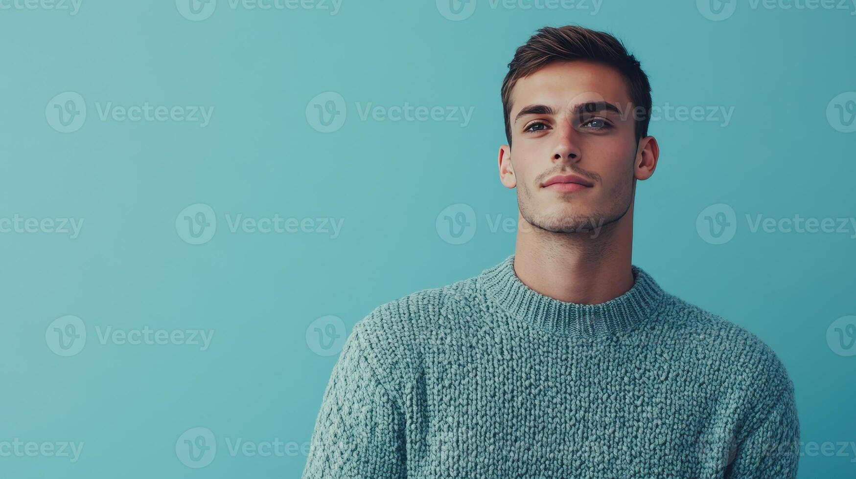 Young man with a slight smile poses against a solid turquoise background wearing a light blue knitted sweater during daylight photo