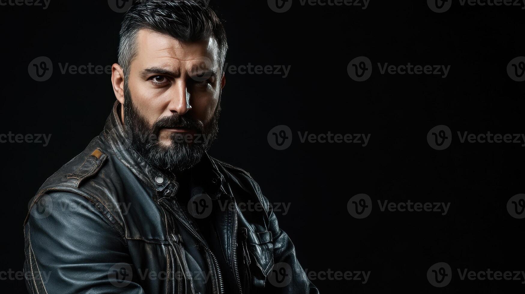 A man with a beard wearing a black leather jacket poses confidently against a dark backdrop photo