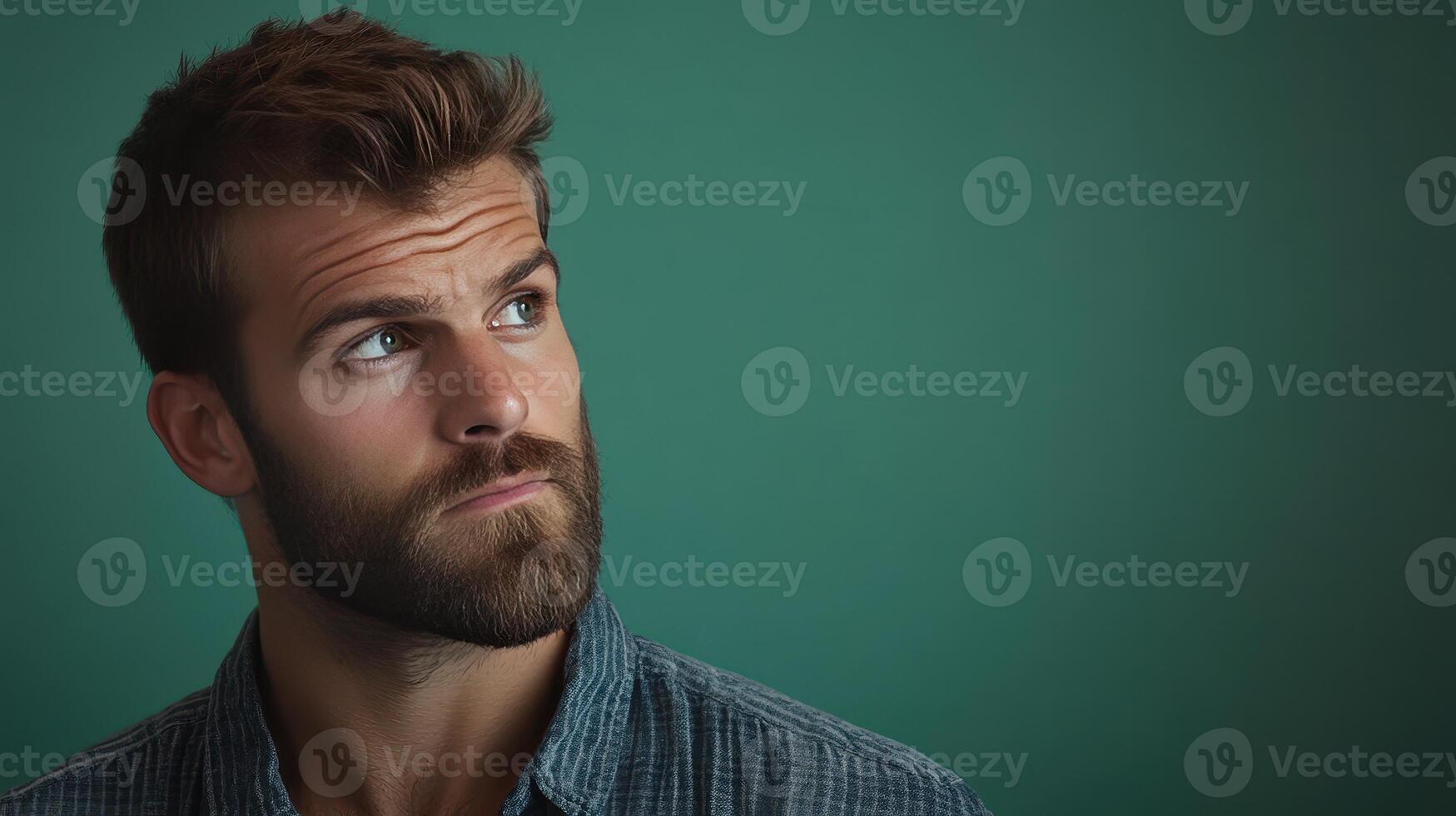 Young man with a beard looking upwards against a teal background in a calm indoor setting photo