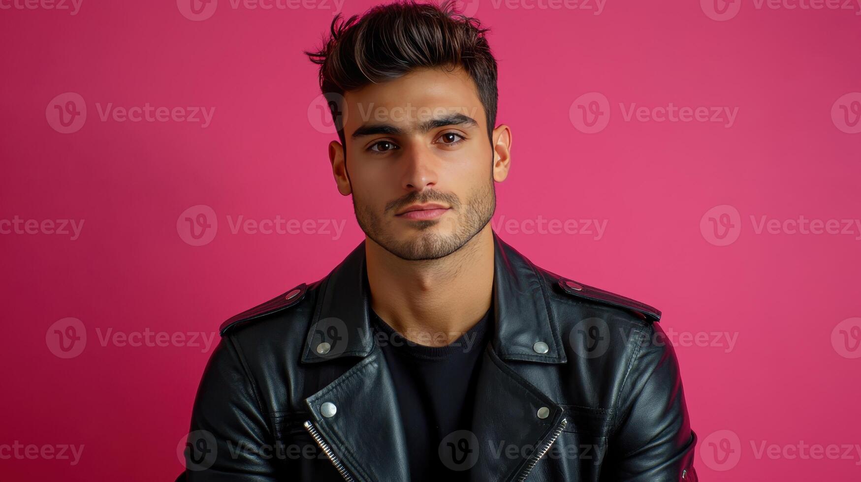 Young man poses against a vibrant pink backdrop, wearing a black leather jacket, showcasing a confident expression in a fashion shoot photo