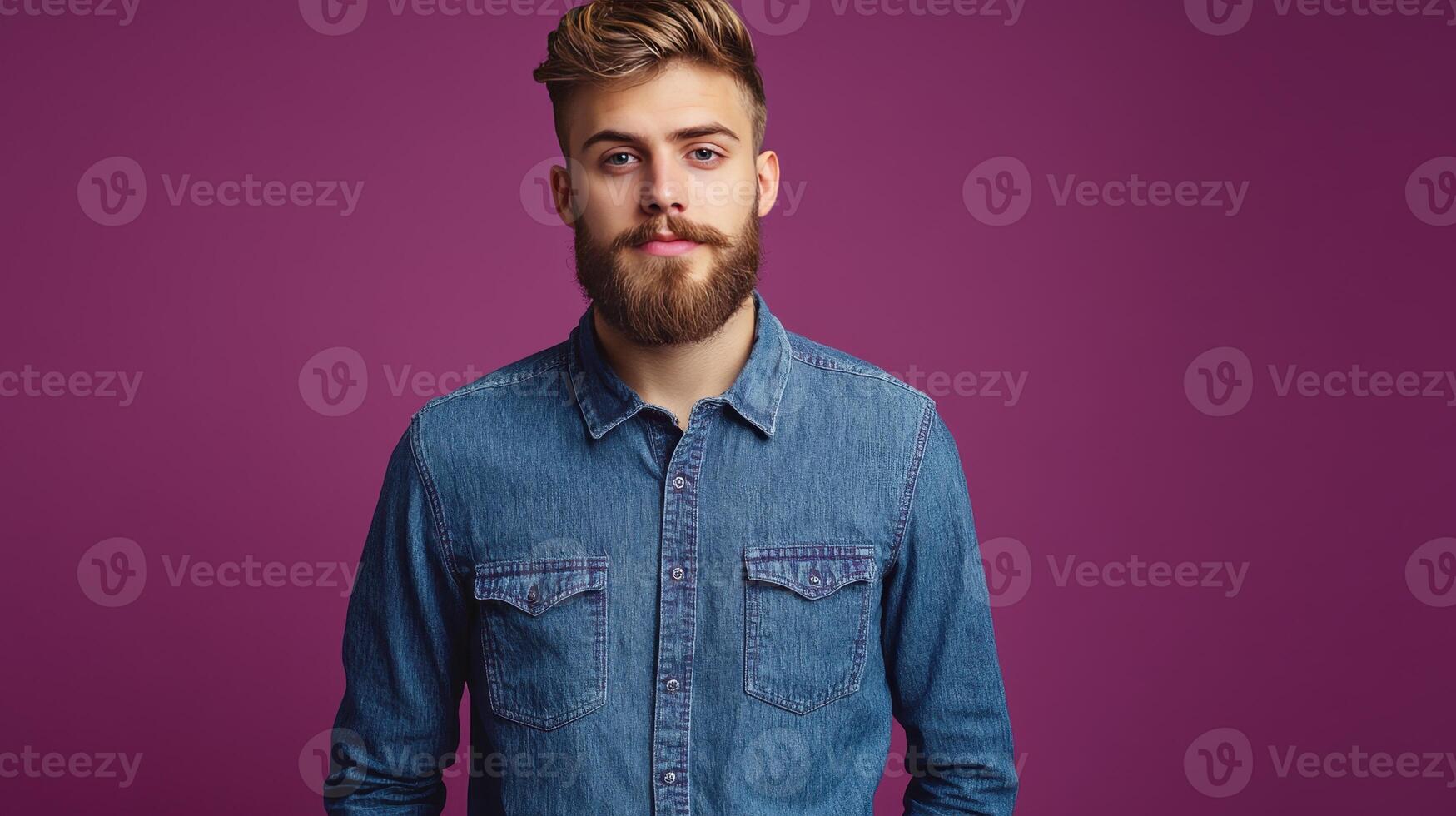 Young man in denim shirt posing against a purple background in a studio setting photo