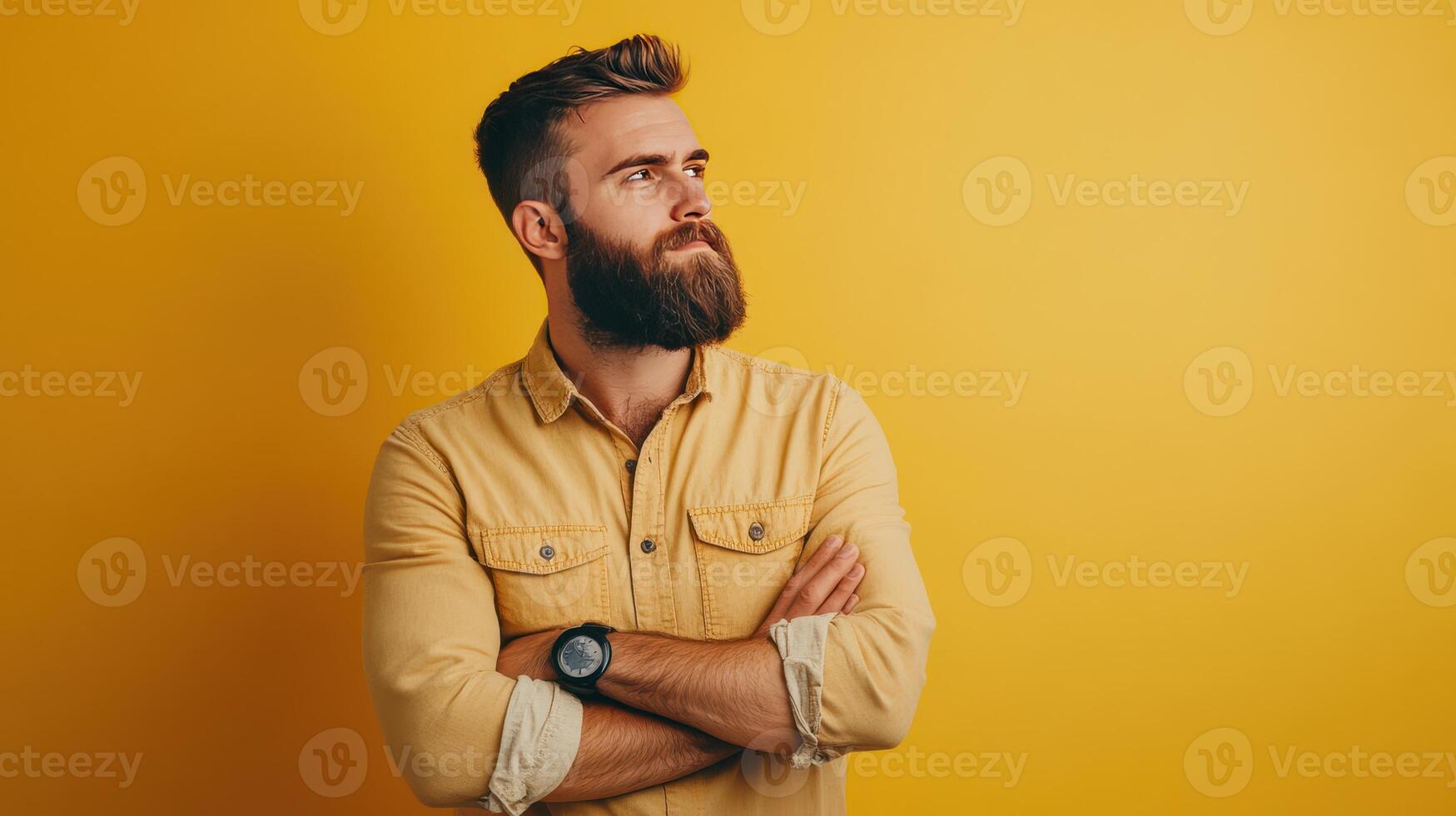 Young man with a beard crossing his arms, standing against a vibrant yellow background in a casual setting photo