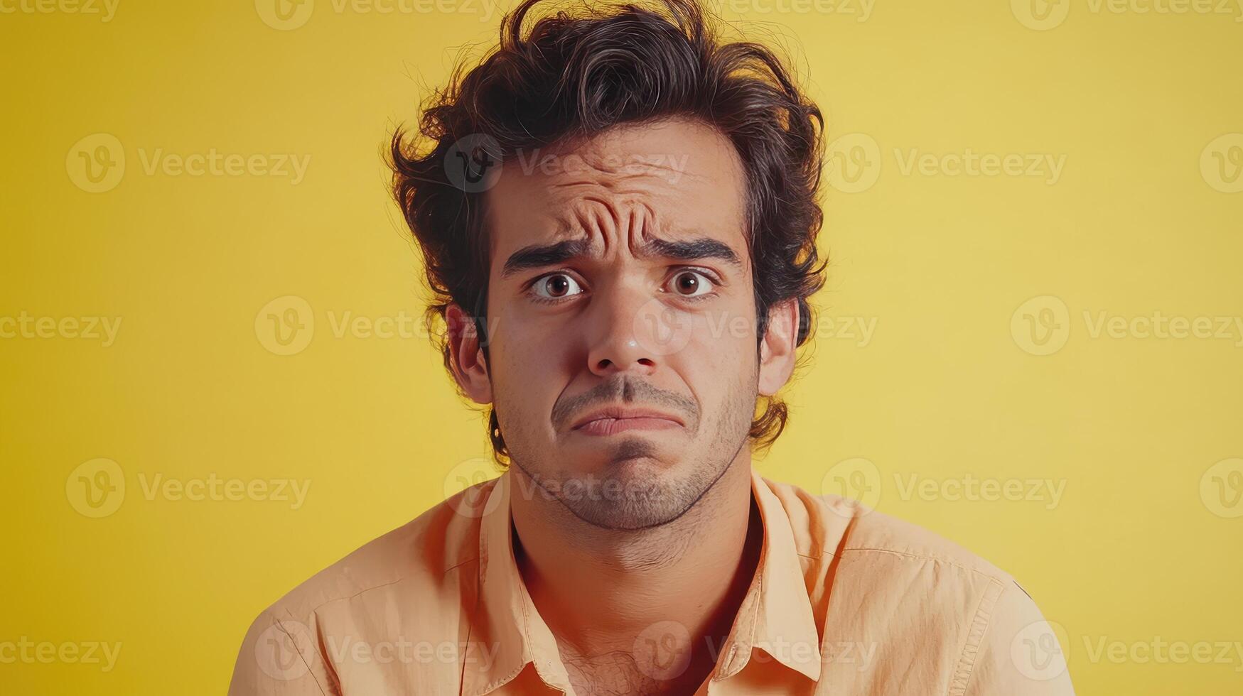 Young man with a confused expression against a bright yellow background photo