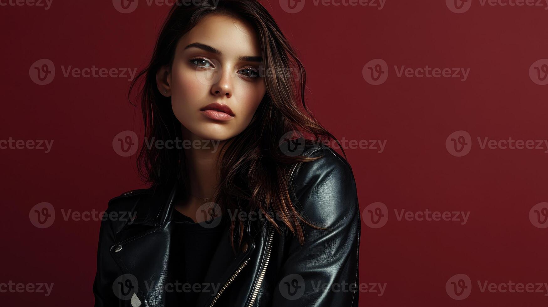 Model poses confidently in a black leather jacket against a rich red background in a contemporary studio setting photo