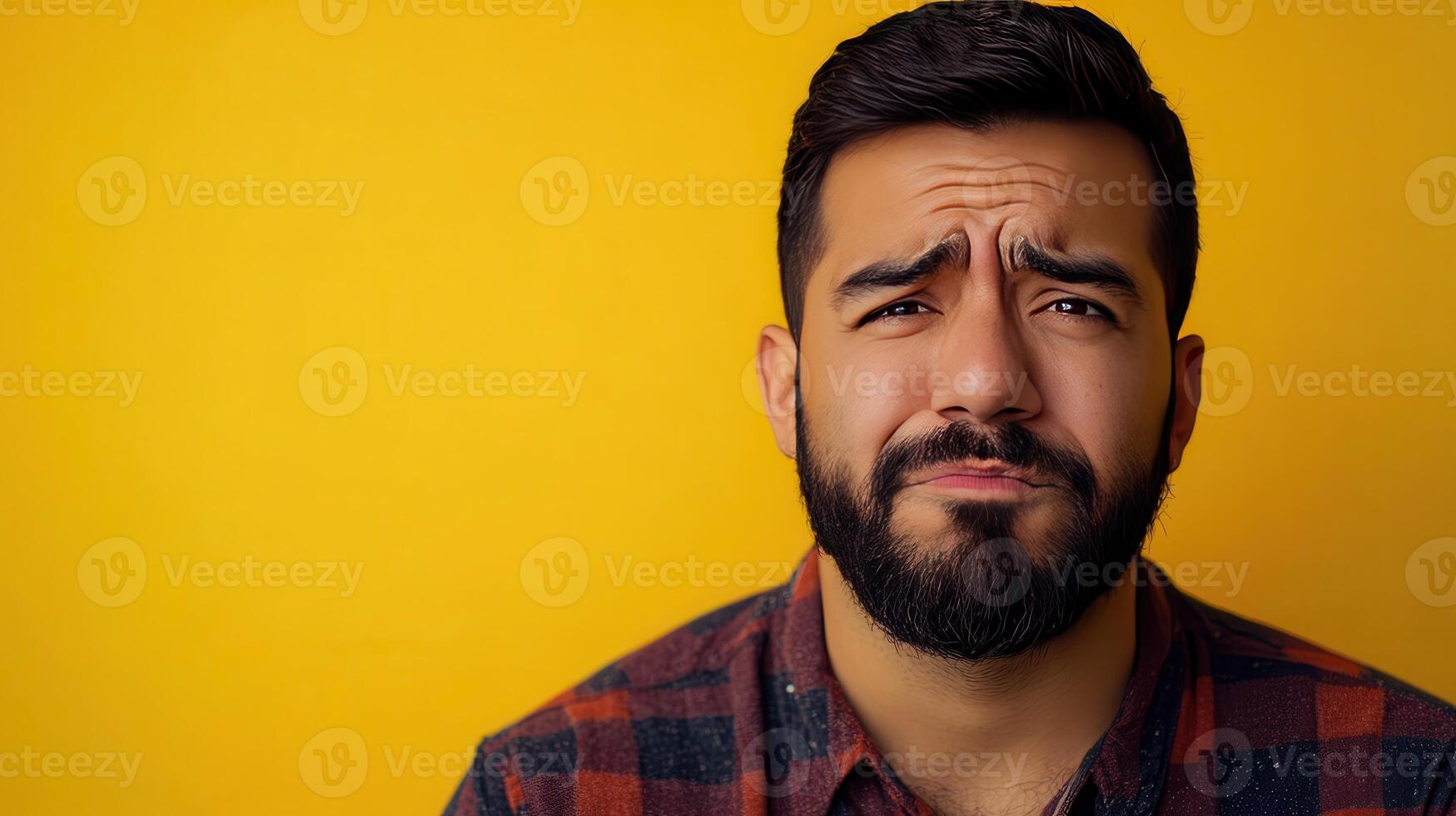 A man with a beard makes a puzzled expression against a bright yellow background in a casual setting photo
