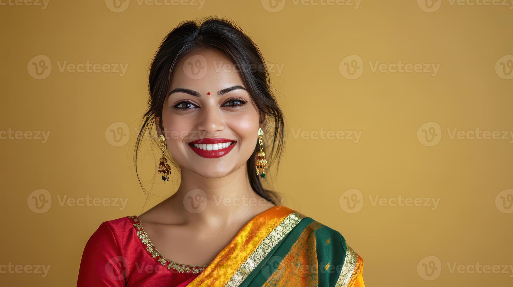 A woman in traditional attire smiles warmly against a yellow background during a festive celebration photo