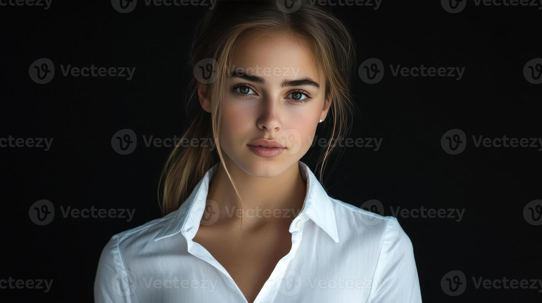 A young woman poses elegantly in a white shirt against a dark backdrop during an indoor portrait session photo