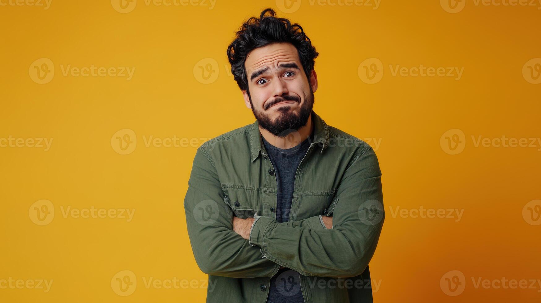 Man with a beard and uncertain expression standing in front of a bright yellow backdrop during daylight photo