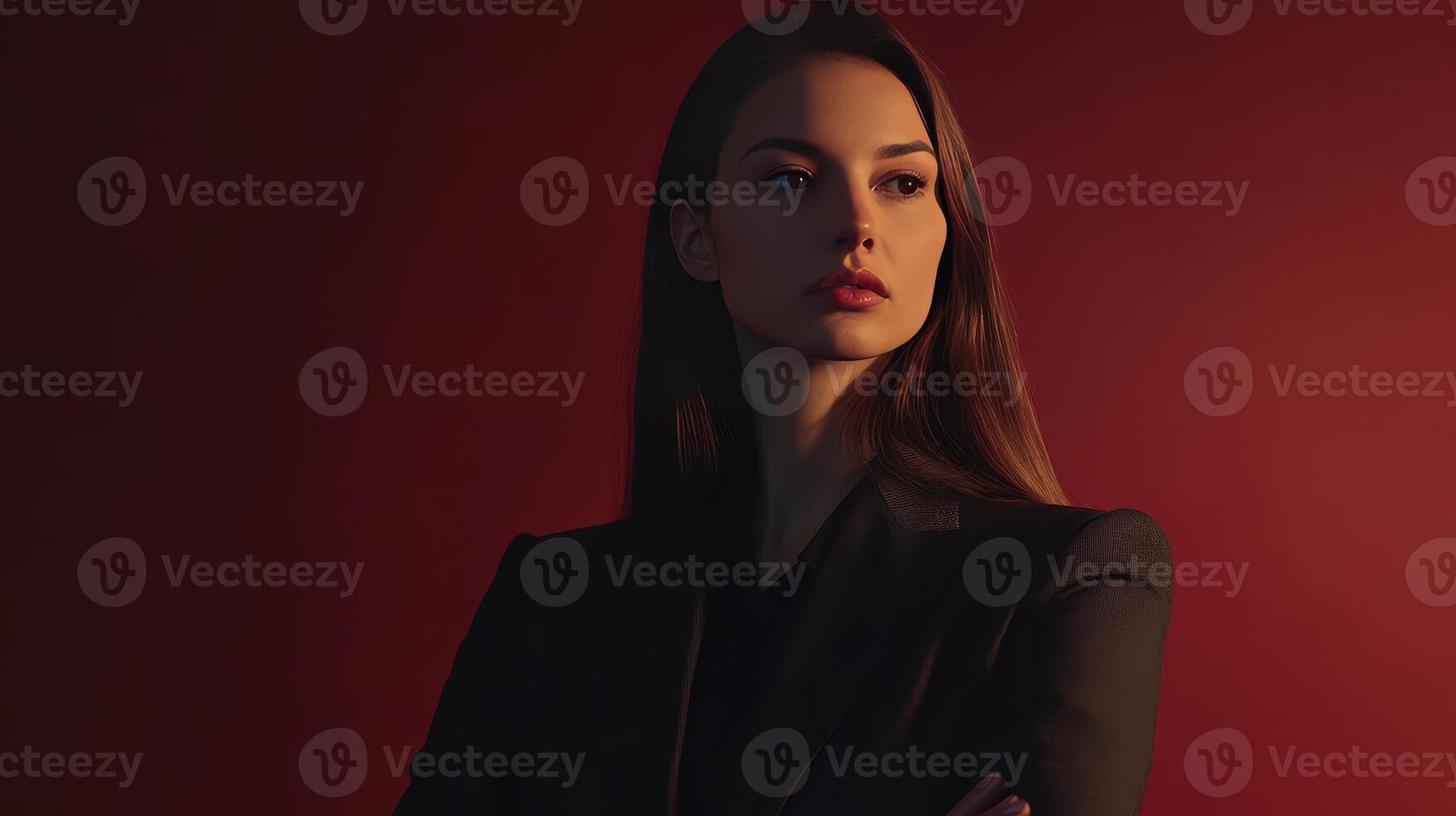 A confident woman in a tailored suit standing against a dark red backdrop during an indoor photoshoot photo