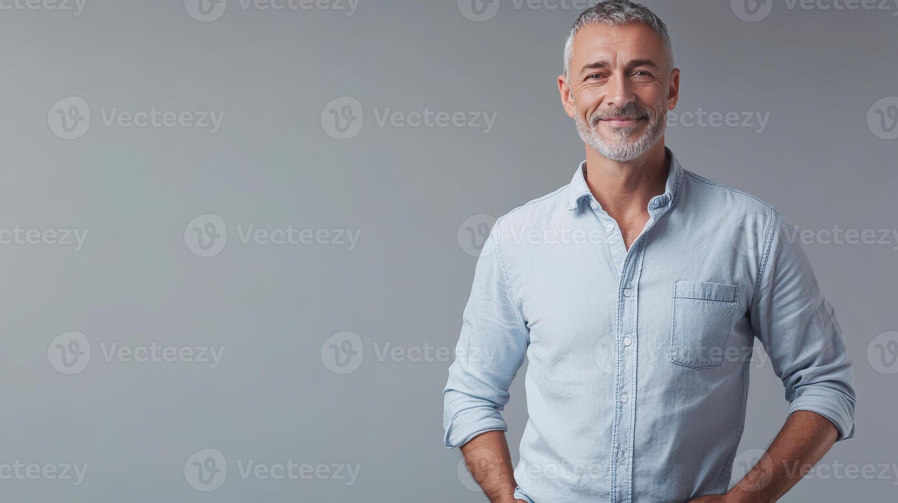 Smiling older man in a light blue shirt standing confidently against a gray background photo