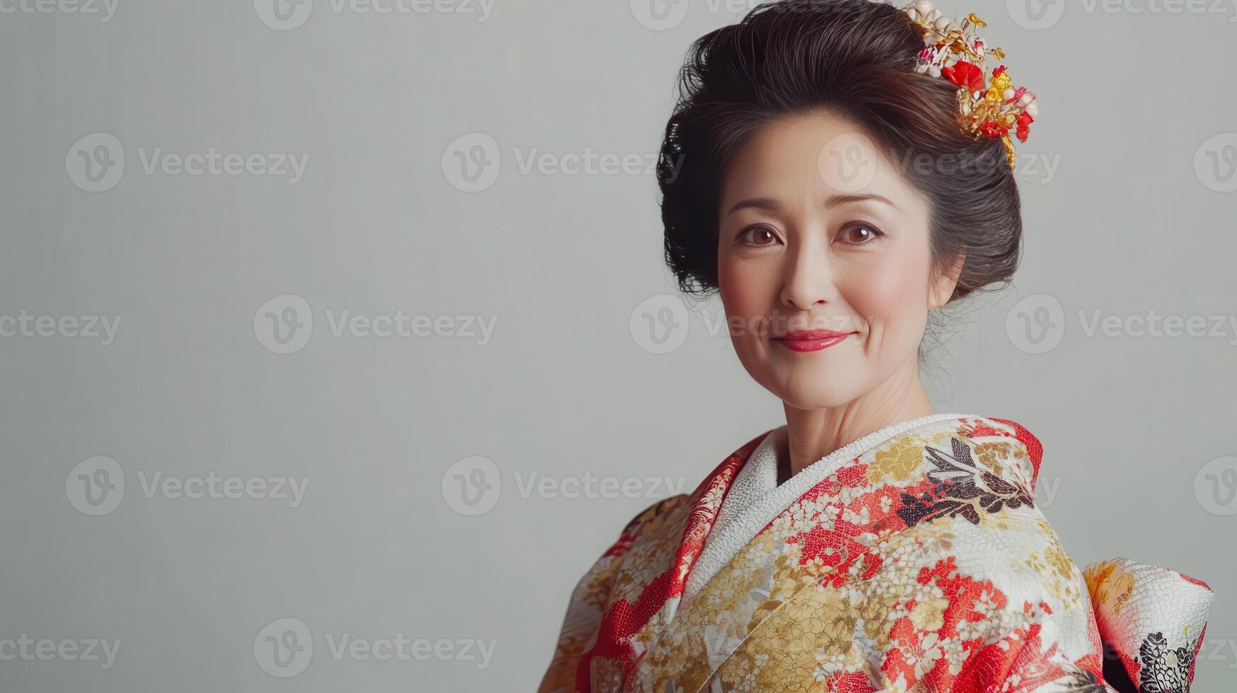 Elegant woman dressed in a colorful kimono with intricate floral patterns posing gracefully against a neutral background in a studio setting photo