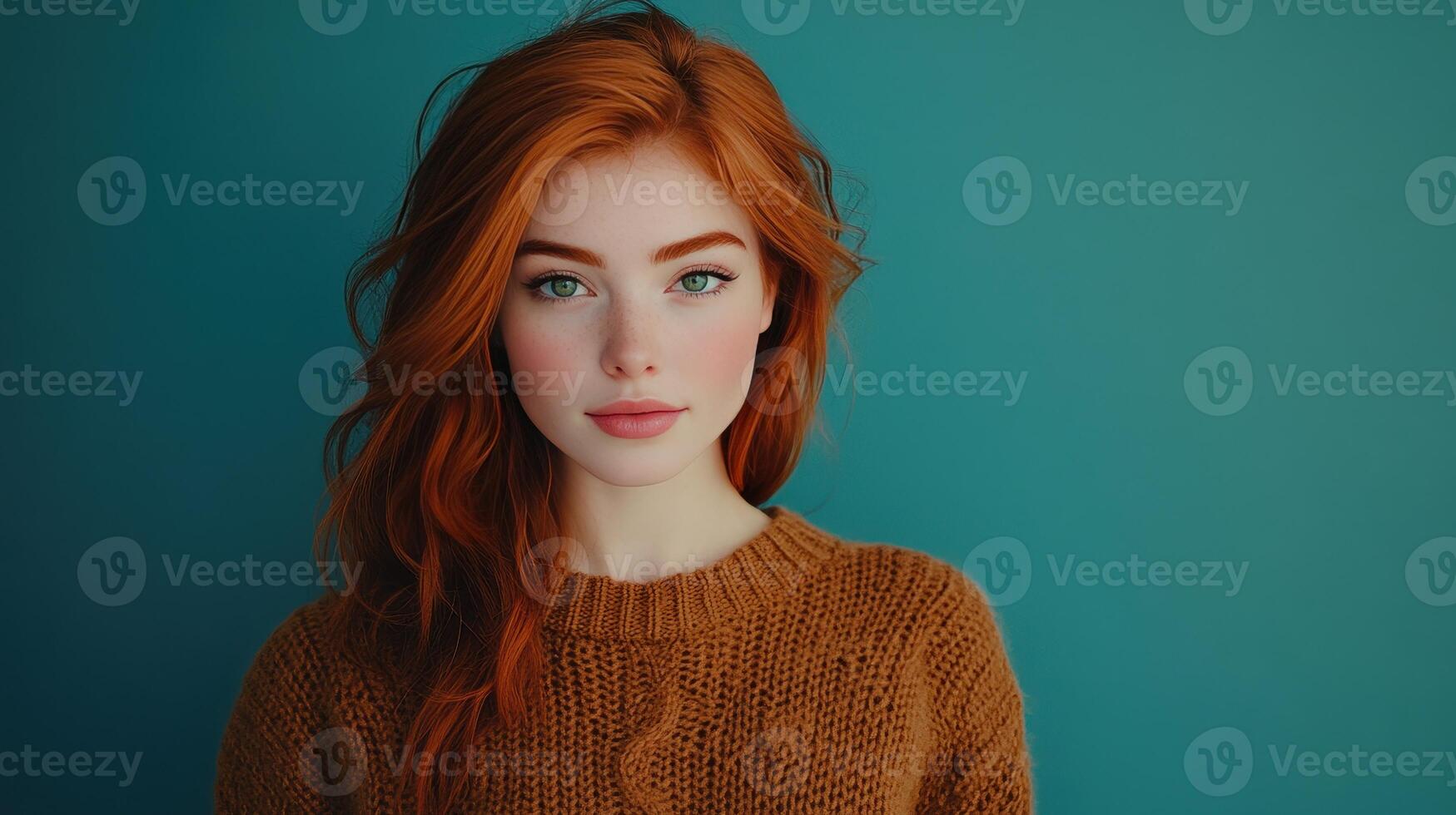 Young woman with striking red hair and green eyes poses against a teal background in a cozy sweater, creating a warm atmosphere photo