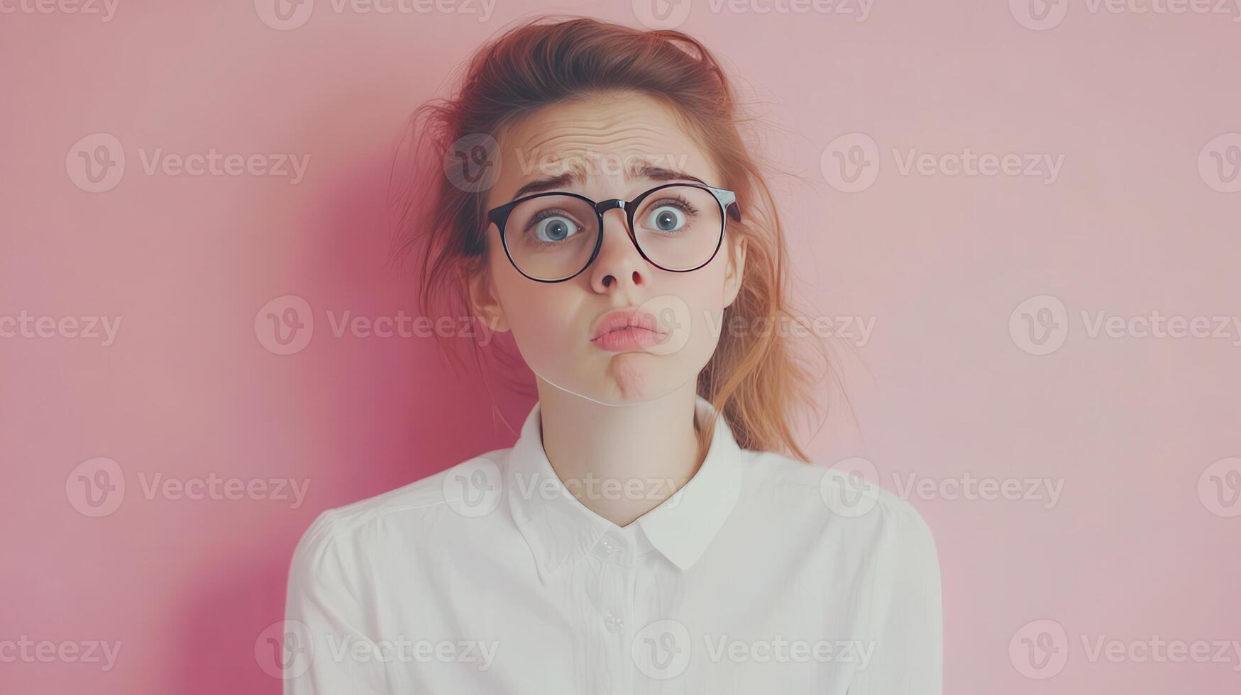Young woman with glasses making a puzzled expression against a pink background photo
