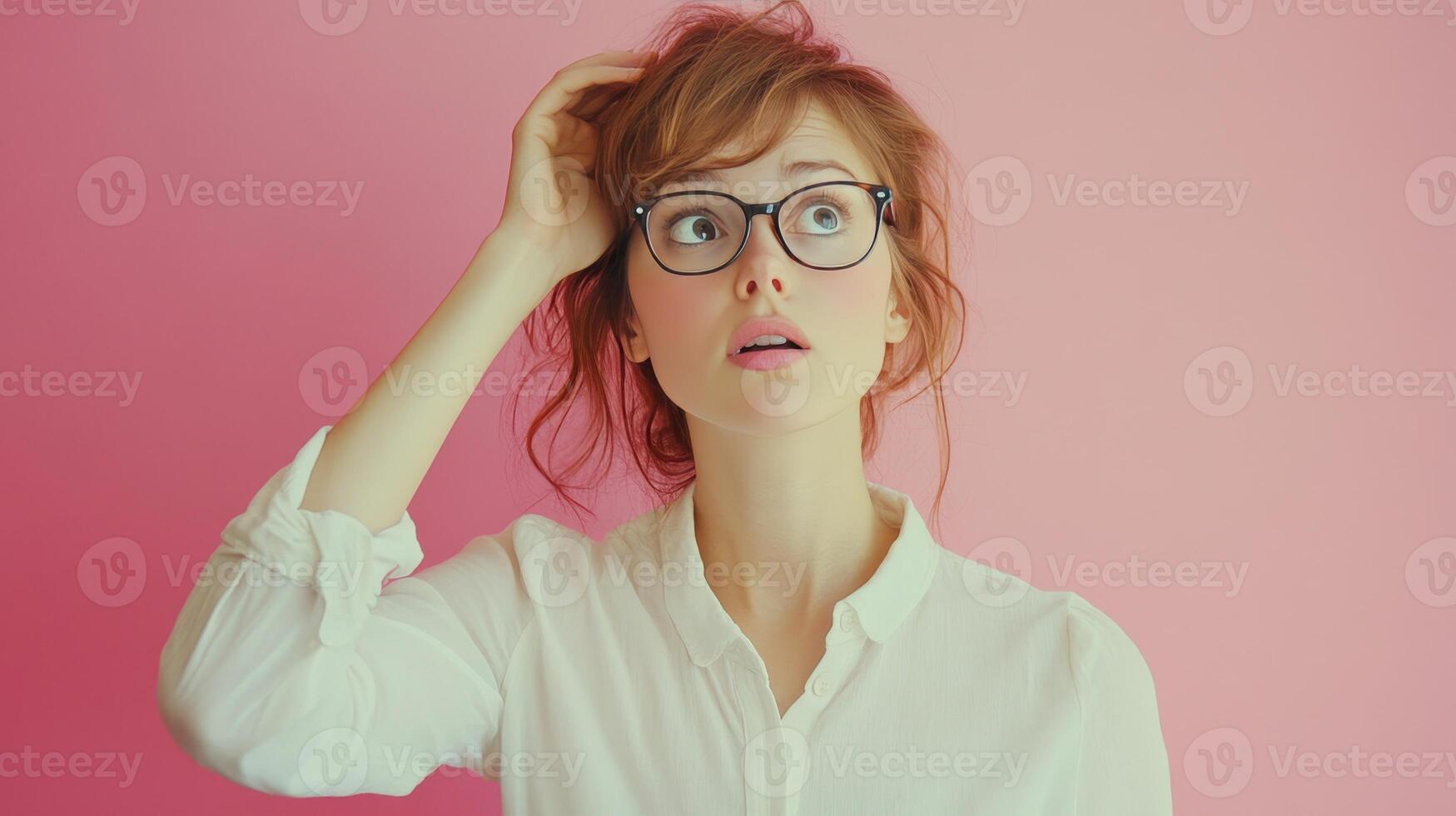 Young woman with glasses looking surprised against a pink background while touching her hair in a thoughtful pose photo
