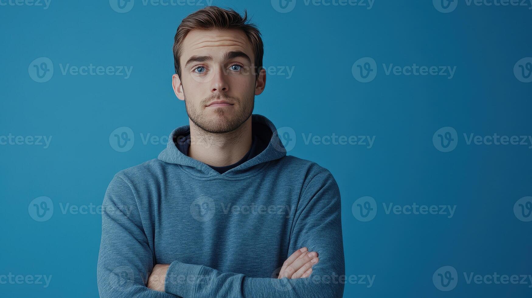 Young man with blue hoodie crosses arms against a blue background photo
