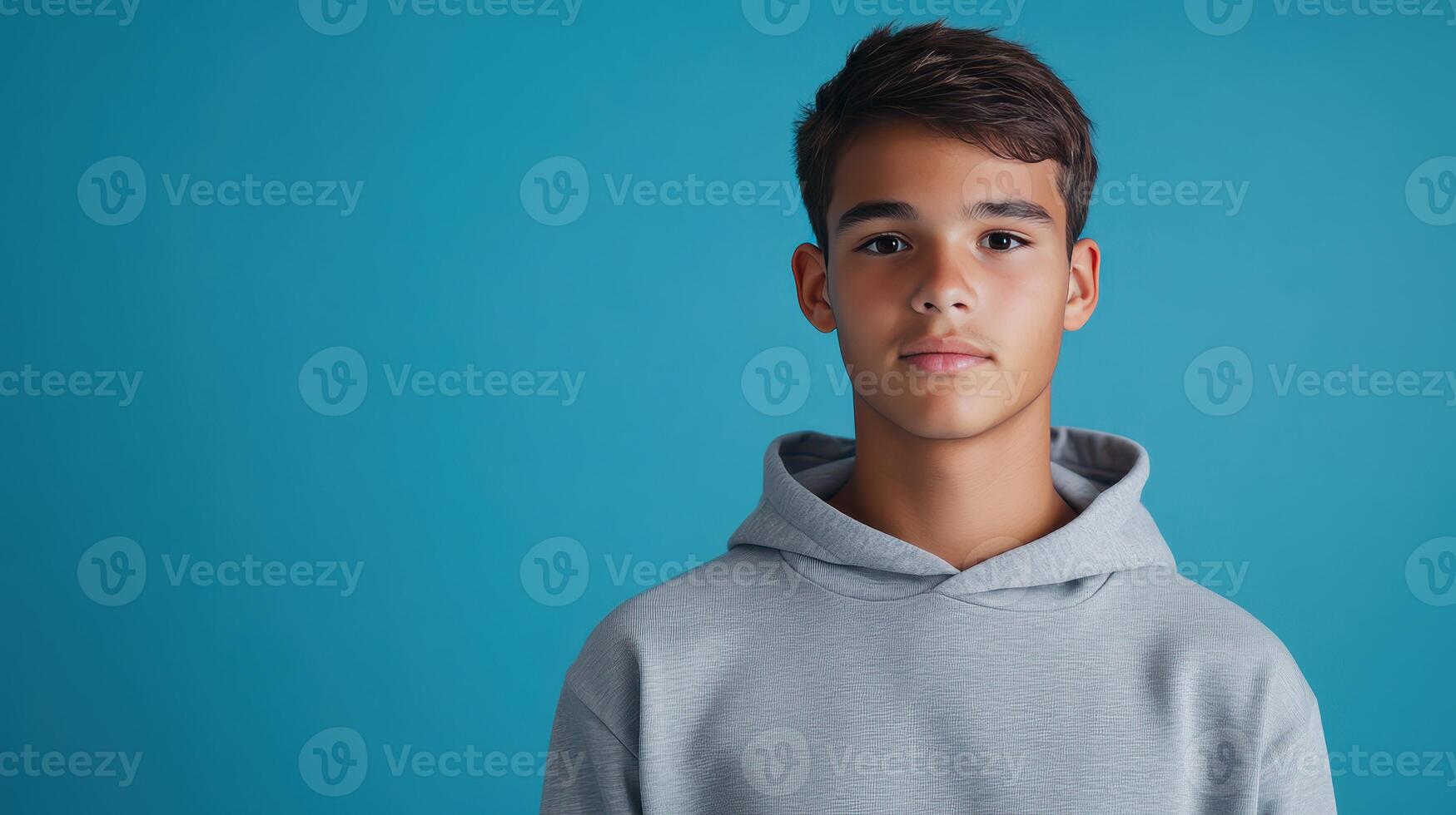 Young male wearing a gray hoodie poses against a solid blue background, showing a calm expression during a portrait session photo